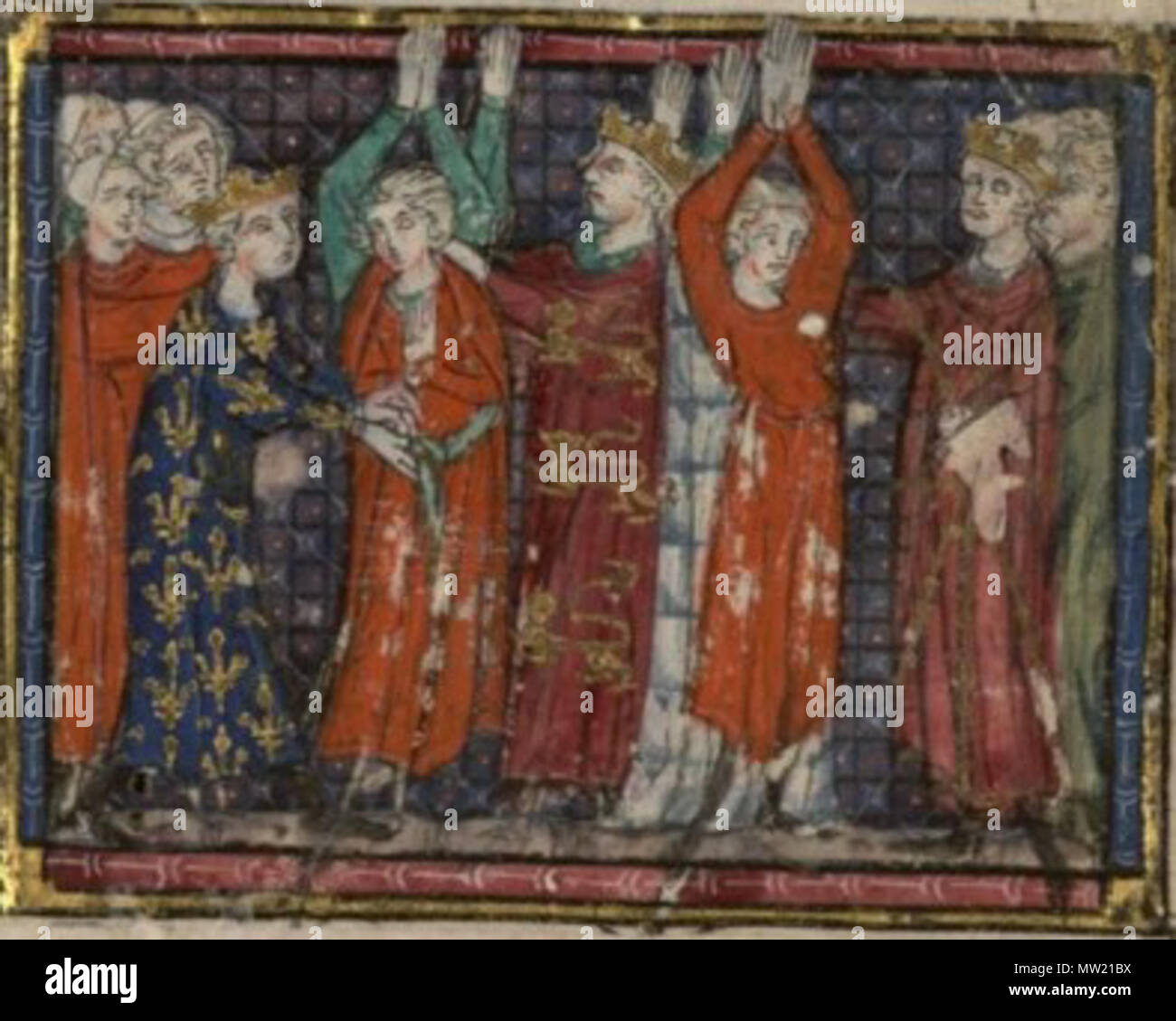 . Français : Adoubement des futurs Philippe V le lunghe et Charles IV Le Bel en 1313. La cérémonie est présidée par Philippe IV Le Bel, Louis Ier de Navarra et Édouard II d'Angleterre. Il XIV secolo. Anonimo 639 Vyznamenani Foto Stock