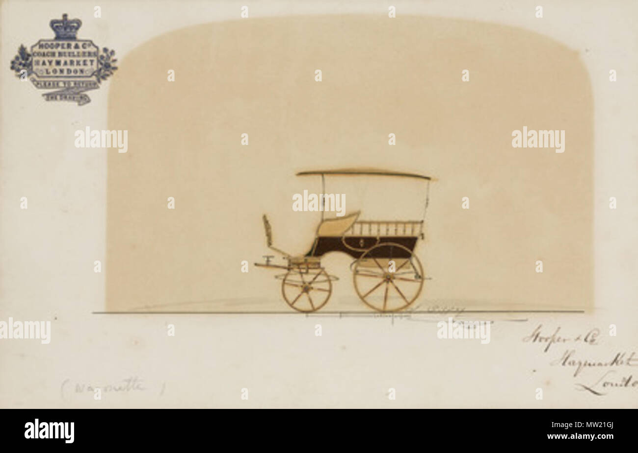 . Disegno di J Gilfoy del design per una carrozza trainata da cavalli prodotta dai carrozzieri Hooper & Co. La ditta è stata fondata nel 1807 a Haymarket, Londra, si sono aggiudicati il loro primo regio patronato nel 1830, e si è guadagnato una reputazione di qualità ineguagliabile e artigianato. Nel XX secolo hanno commutato per la costruzione di carrozzerie per automobili e probabilmente sono più noti per la loro associazione con Rolls Royce. Xix secolo. J Gilfoy 640 Wagonette, 1850-1870 Foto Stock