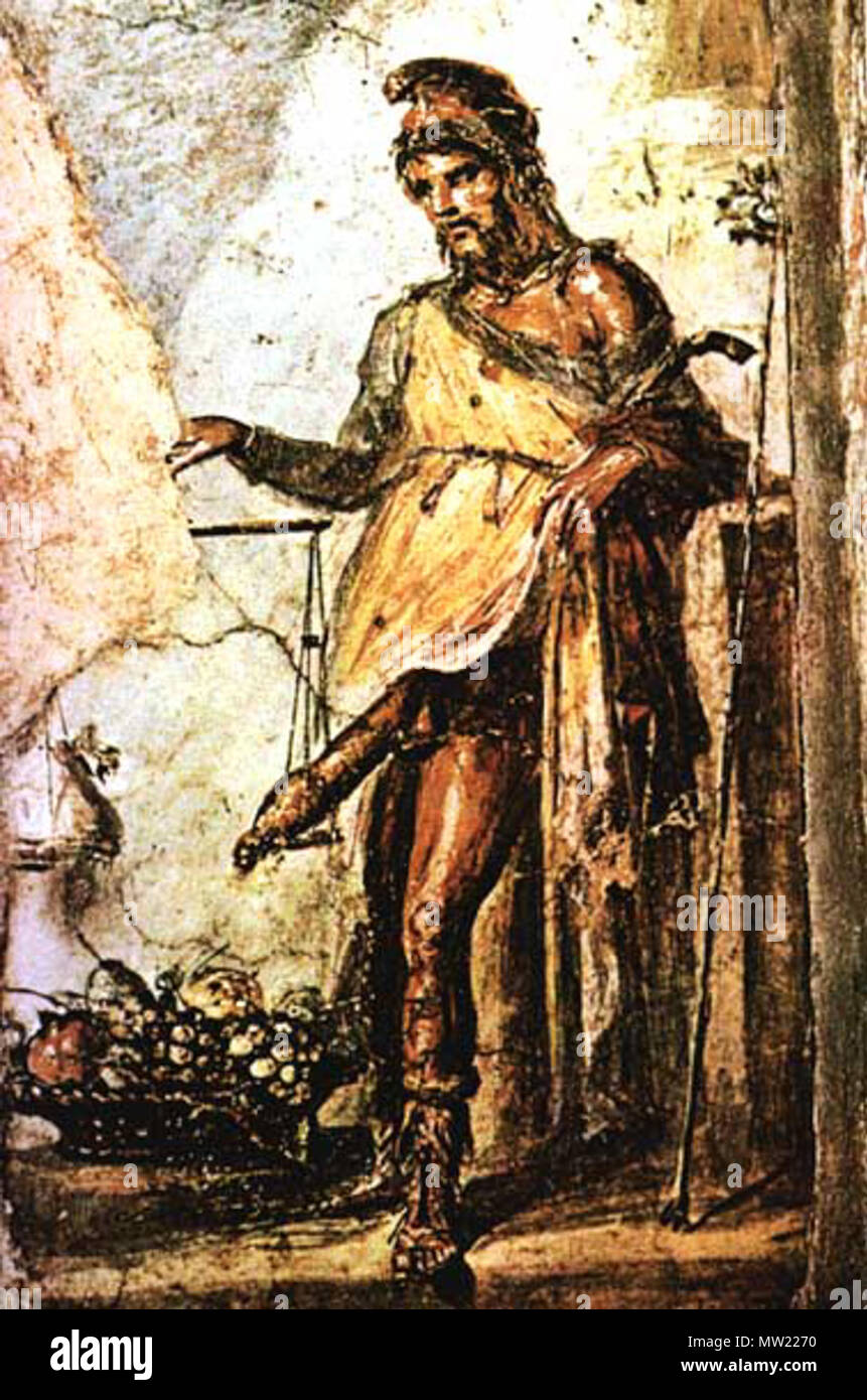 . Inglese: Priapo con il suo fallo. Pittura murale, casa dei Vetti (Pompei). . Questo file è privo di informazioni sull'autore. 643 Weightingold Foto Stock