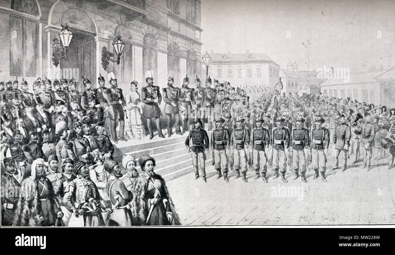 . Compiacendosi degli Zar di Russia, Alessandro II, a Bucarest, prima di andare verso il Danubio . 27 maggio 1877. Sconosciuto 643 accogliente del Tsar presso il Royal Palace, Bucarest Foto Stock