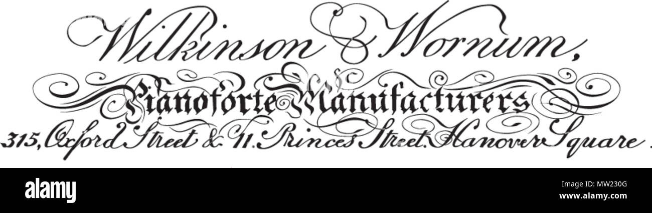 . Inglese: Testo e ornato da originale stampato produttori' etichetta incollata all'interno di Wilkinson e Wornum montante cottage costruito a Londra ca.1811 . circa 1811. non firmato, uncredited incisione; tracciata e modificati dall'utente:Mireut 647 WilkinsonandWornumca1811 Foto Stock
