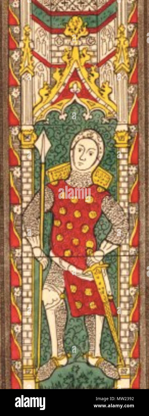 . Čeština: William la Zouche, primo Baron Zouche di Mortimer . 1802. "Una delle finestre nel coro di Tewkesbury Abbey Church,' incisione e la puntasecca con colorazione a mano, dall'antiquario britannico Samuel Lysons, dal 'una collezione di antichità del Gloucestershire,' pubblicato da Lysons nel 1852. Finestra mostra quattro pannelli con cavalieri, ogni azienda una spada o lancia. Lo stemma dei de Clare famiglia è visibile su i cavalieri. 432 mm x 274 mm. La cortesia del British Museum di Londra - Samuele Lysons - 1802 649 William la Zouche, primo Baron Zouche di Mortimer Foto Stock . Čeština: William la Zouche, primo Baron Zouche di Mortimer . 1802. "Una delle finestre nel coro di Tewkesbury Abbey Church,' incisione e la puntasecca con colorazione a mano, dall'antiquario britannico Samuel Lysons, dal 'una collezione di antichità del Gloucestershire,' pubblicato da Lysons nel 1852. Finestra mostra quattro pannelli con cavalieri, ogni azienda una spada o lancia. Lo stemma dei de Clare famiglia è visibile su i cavalieri. 432 mm x 274 mm. La cortesia del British Museum di Londra - Samuele Lysons - 1802 649 William la Zouche, primo Baron Zouche di Mortimer Foto Stock