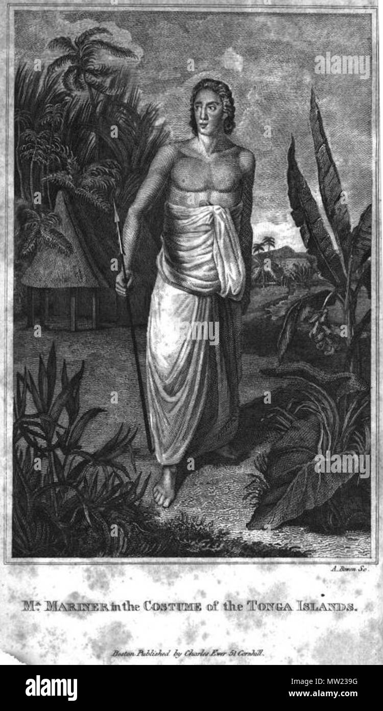 . Inglese: una incisione che mostra William Mariner in costume Tongan. 1820. Credo che la linea di credito sotto l'illustrazione dice "A. Bowen sc." 649 William Mariner (1791-1853) b Foto Stock