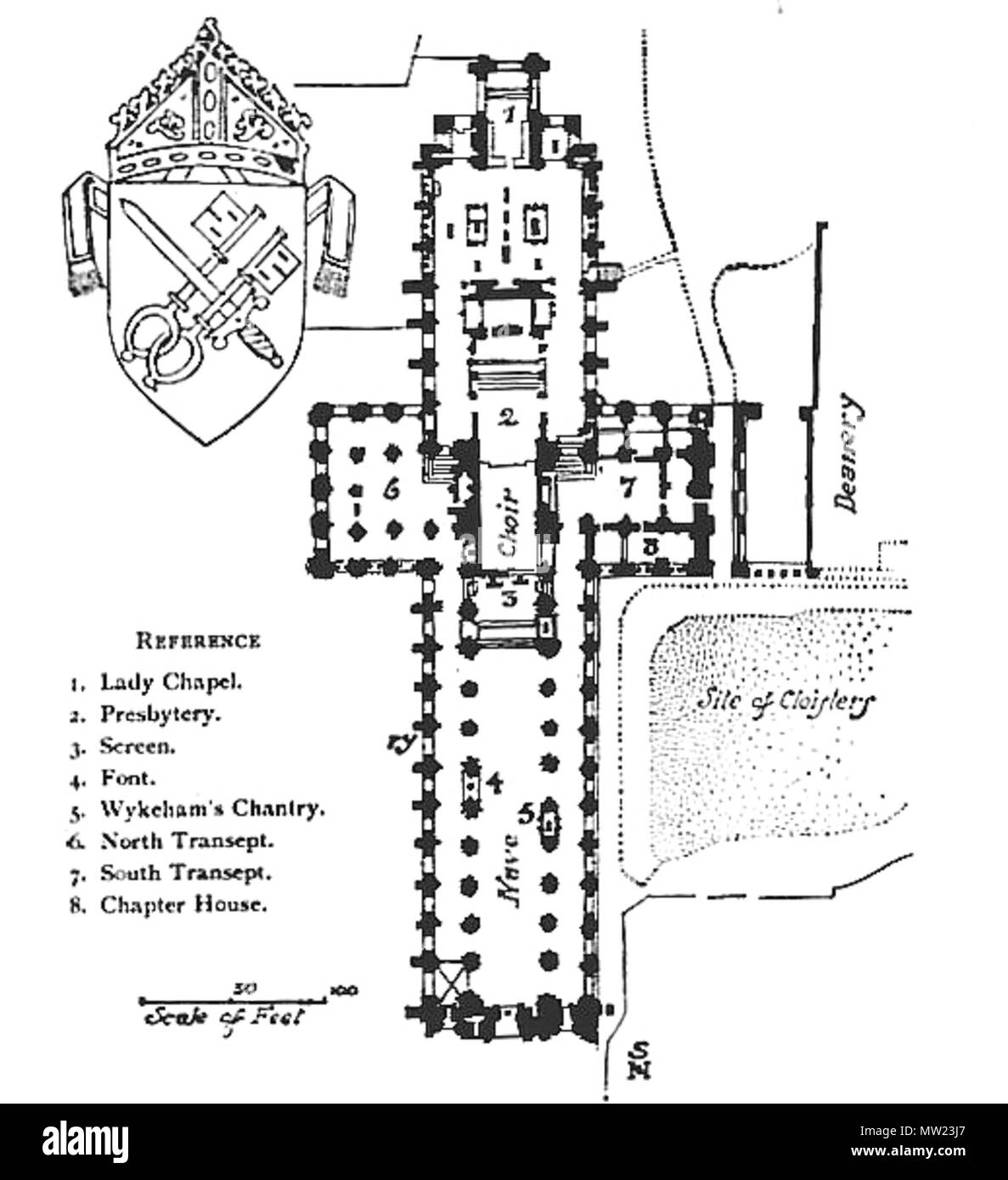 . Un piano di en:la Cattedrale di Winchester in Inghilterra. Preso da Winchester, Sidney Heath (1911). Da en:Progetto Gutenburg che afferma che 'questo eBook è per l'uso di chiunque ovunque senza alcun costo e quasi senza restrizioni di sorta. È possibile copiarlo, regalarlo o riutilizzo sotto i termini del progetto Gutenberg licenza inclusa con questo eBook o online a www.gutenberg.net' . 1911. Winchester, Sidney Heath 650 WinchesterCathplan Foto Stock