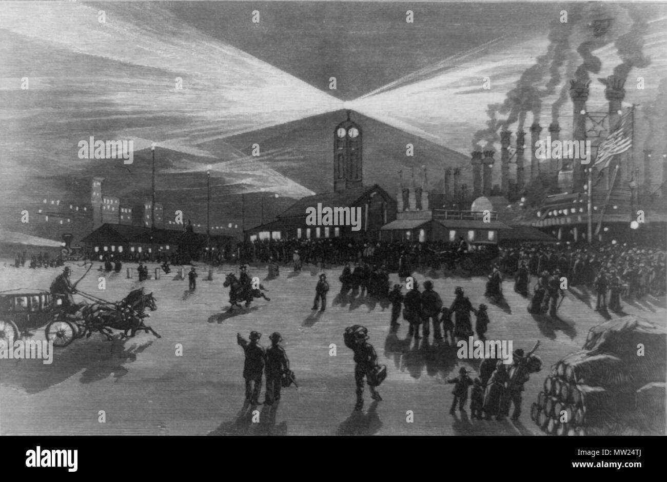 . New Orleans, 1883. Un argine di notte - luce elettrica illuminazione. Schizzi sull'argine, New Orleans / da J. O. Davidson. Illustrazione che mostra il New Orleans Riverfront di notte, affollato di gente e di piroscafi, e mostrando l'illuminazione elettrica. Pubblicato marzo 1883. Julian Oliver Davidson (morto 1894) 370 LeveeAtNightNewOrleans1883 Foto Stock