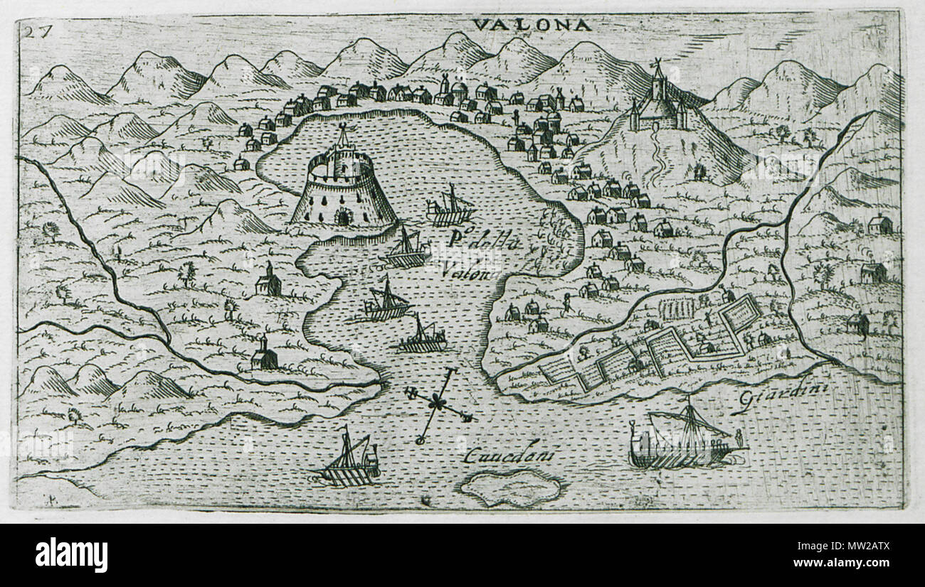 . Inglese: Giuseppe Rosaccio. Viaggio da Venezia a Costantinopoli : per mare e per terra & insieme quello di Terra Santa, Venezia, Giacomo Franco, 1598 . 1598. Giuseppe Rosaccio (1530-1620) Descrizione geografo italiano medico e data di nascita e morte 1530 1620 competente controllo : Q16116881 VIAF: ISNI 92131: 0000 0001 0861 3205 LCCN: N87864044 NLA: 40561068 GND: 125001916 WorldCat 625 Valona - Giuseppe Rosaccio - 1598 Foto Stock