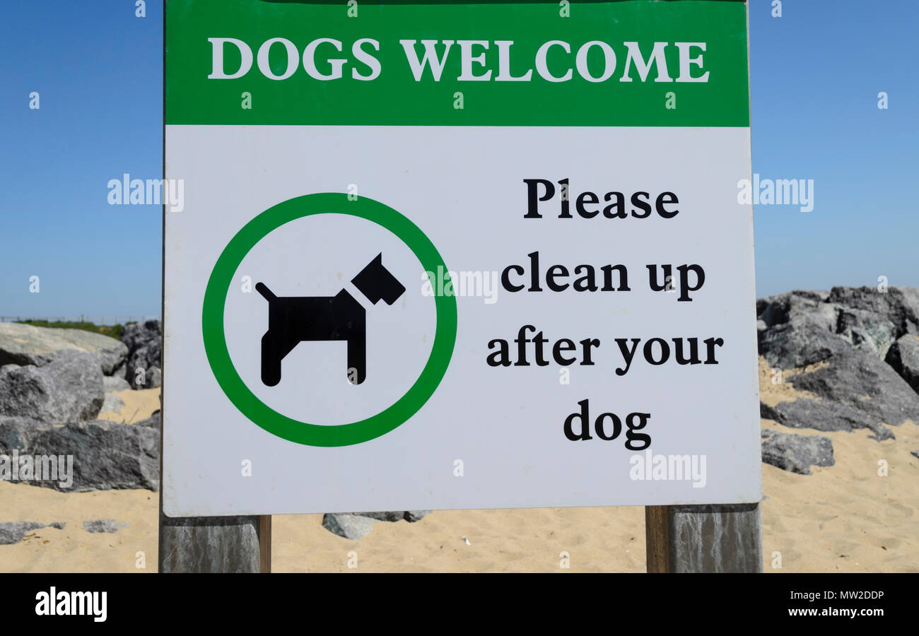 Cartello di benvenuto per i cani sulla spiaggia, ma si prega di pulire dopo il vostro cane, Regno Unito Foto Stock