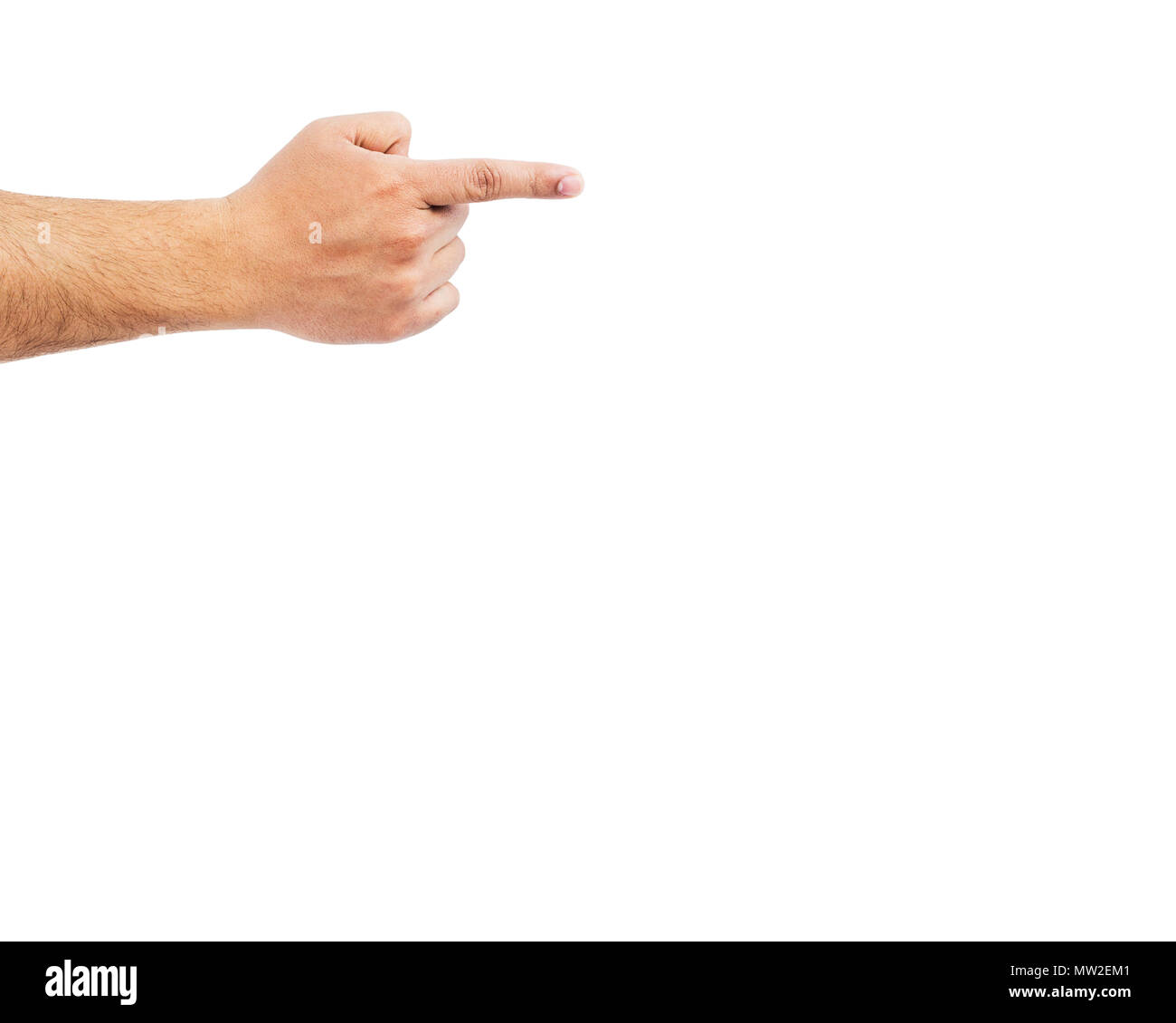 Mano puntare il dito, isolato su sfondo bianco. Il concetto di colpa. Foto Stock