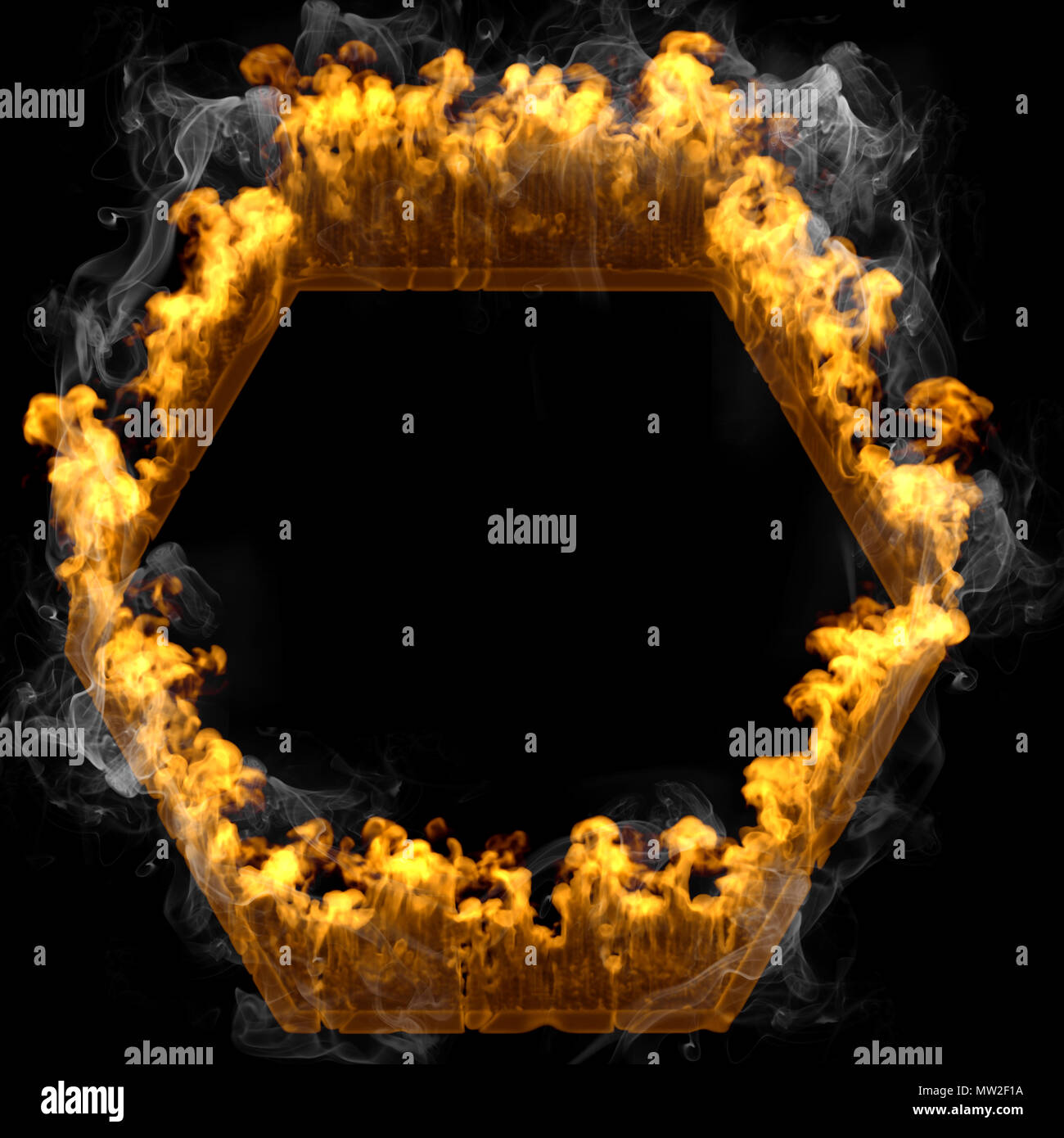 Il rendering 3d incendio pentagono telaio isolato sul nero e sfondo di fumo Foto Stock