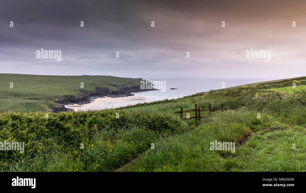 Una vista panoramica di Porth scherzo Polly scherzo beach sulla North Cornwall coast. Foto Stock