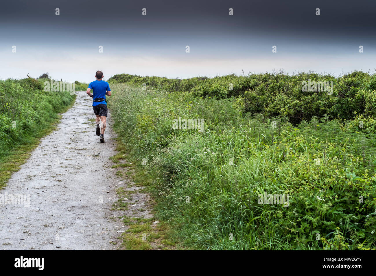 Un uomo che corre lungo una fattoria via su West pentire a Newquay in Cornovaglia. Foto Stock