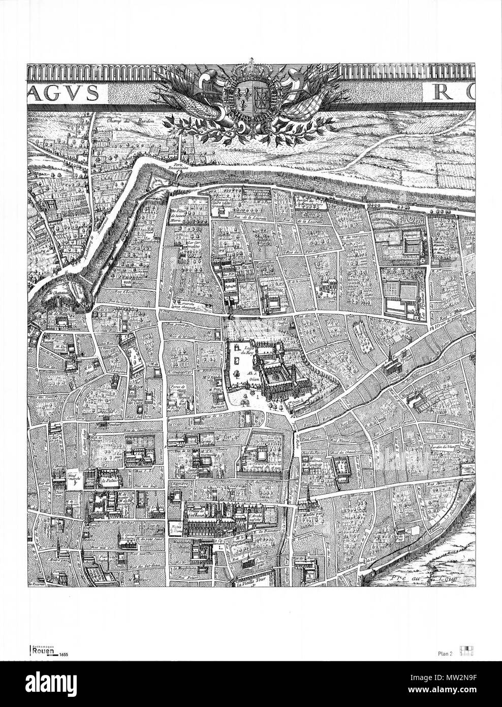 . Français : particol du plan de Rouen, réalisé par Gomboust en 1655. 7 aprile 2009, 15:35:24. Jacques Gomboust 486 Piano 2 - partie nord de Rouen - Gomboust 1655 Foto Stock