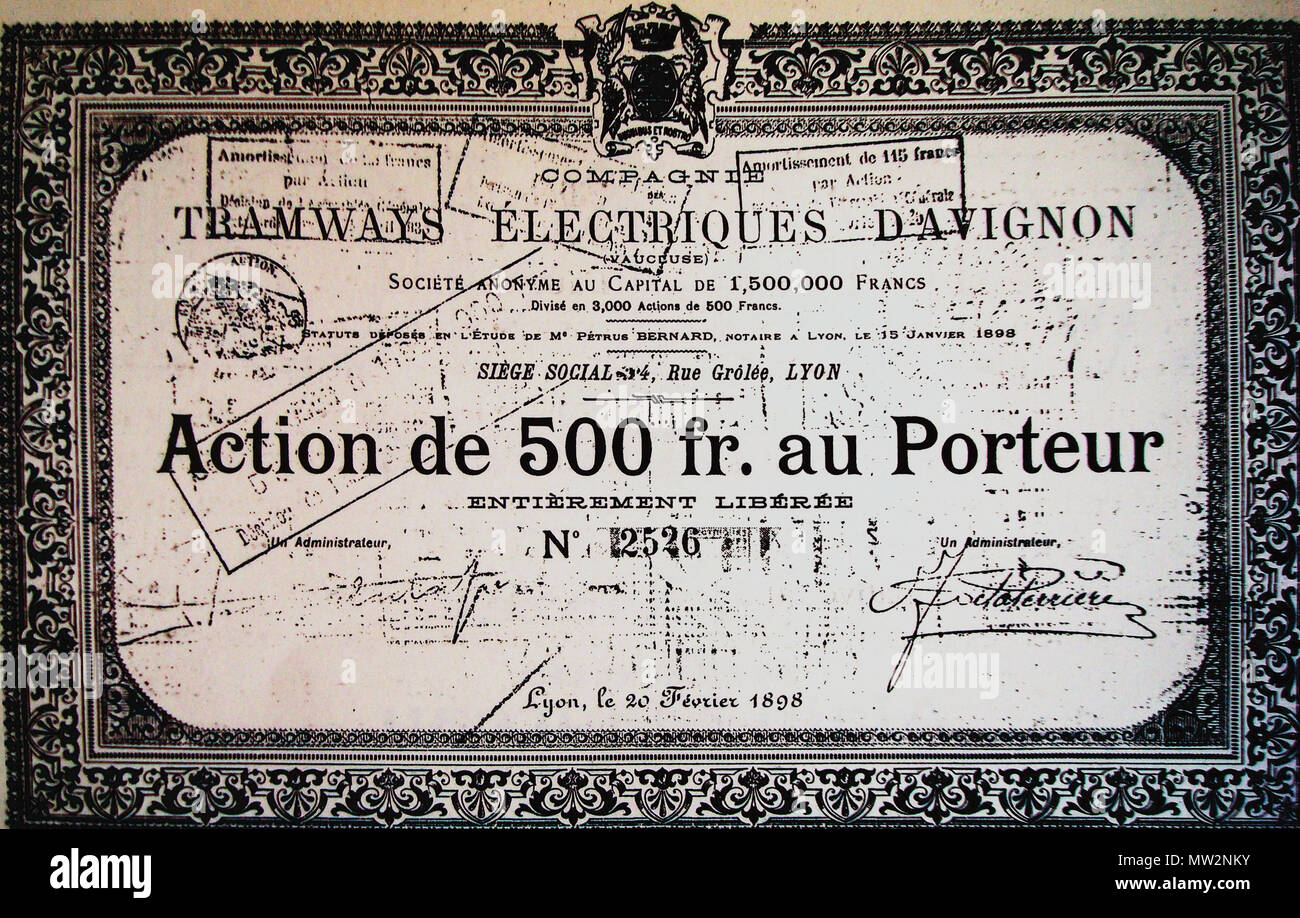 . Français : Azione de la compagnie des tramways d'Avignon . 1898. Sconosciuto 613 azione tram Foto Stock