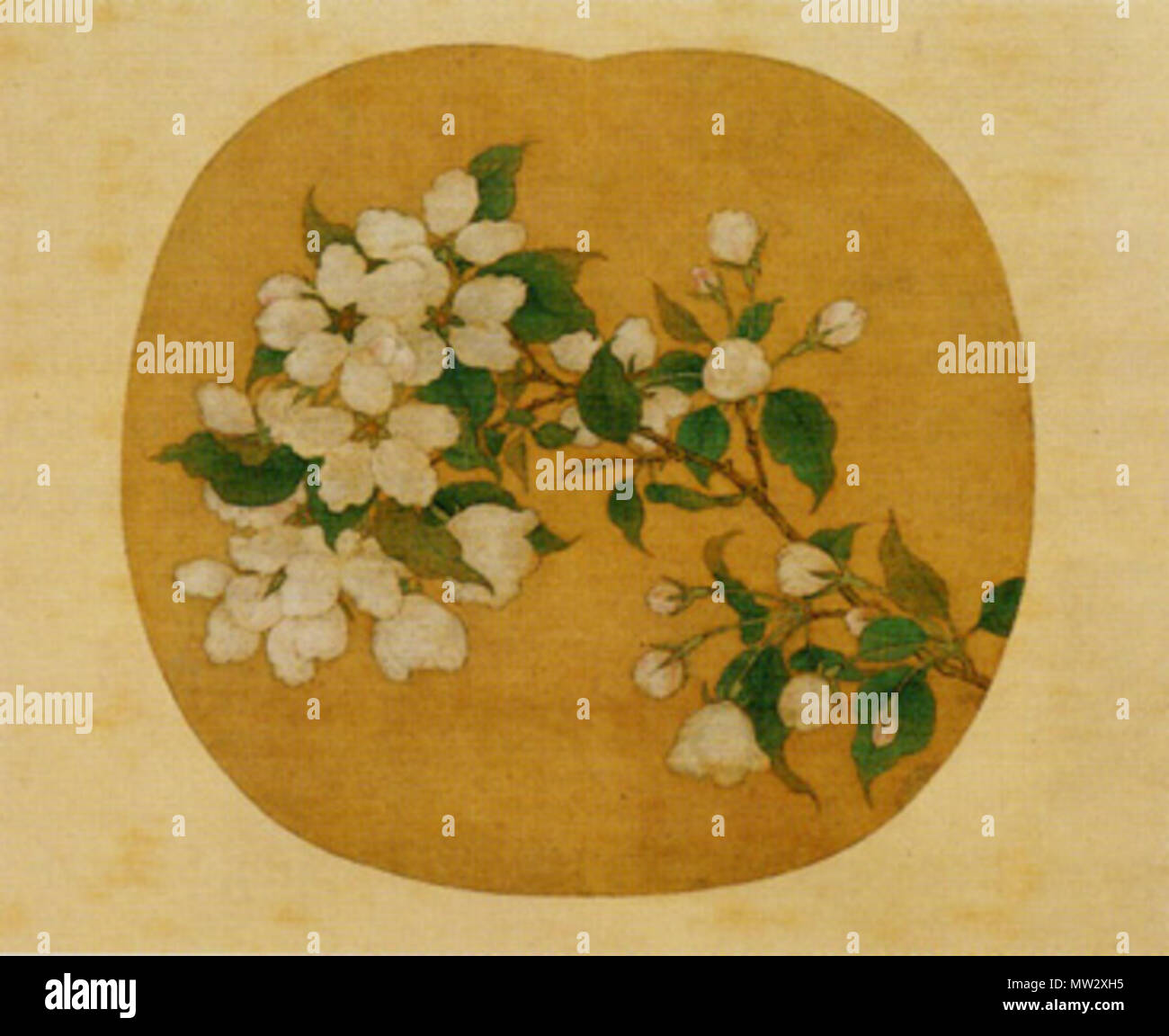 . Inglese: Apple Blossoms (絹本著色林檎花図, kenpon chosoku ringo no hana zu). Hanging scroll, 23,6 x 25,5 cm. Colore su seta. Situato presso il Hatakeyama Memorial Museo di Belle Arti di Tokyo. La chiocciola è stata designata come tesoro nazionale del Giappone nella categoria dipinti. Southern Song Dynasty, prima del 1279. Unknown 53 Fiori di Apple Foto Stock