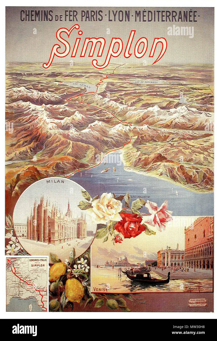 . Inglese: Vecchio poster pubblicitari turismo in nord Italia in Francia. L'apertura del traforo del Sempione nel 1906 hanno reso il viaggio al nord Italia più brevi per turisti francesi. circa 1906. artista: F. Hugo Alesi 559 ferroviario del Sempione annuncio -1900 Foto Stock