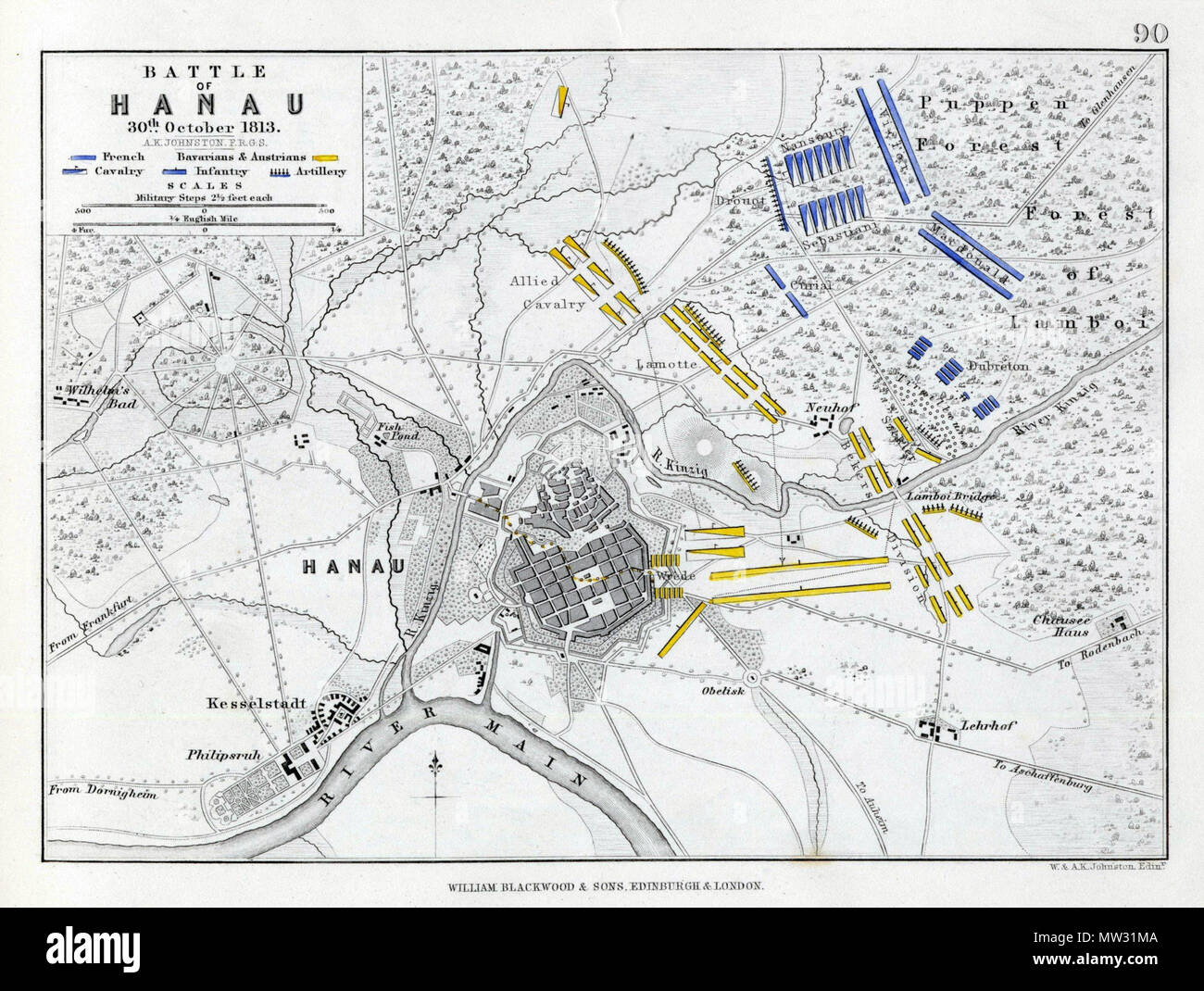 . Karte der Schlacht bei Hanau. Die Karte weist die Lage der Stadt jedoch falsch aus. Die Straßen der Neustadt sind nicht wie im Bild von Südosten nach Nordwesten, sondern von Süden nach Norden orientiert. 1850. Alex. Keith Johnston; caricare da David Liuzzo 75 Battaglia di Hanau 1813 Foto Stock