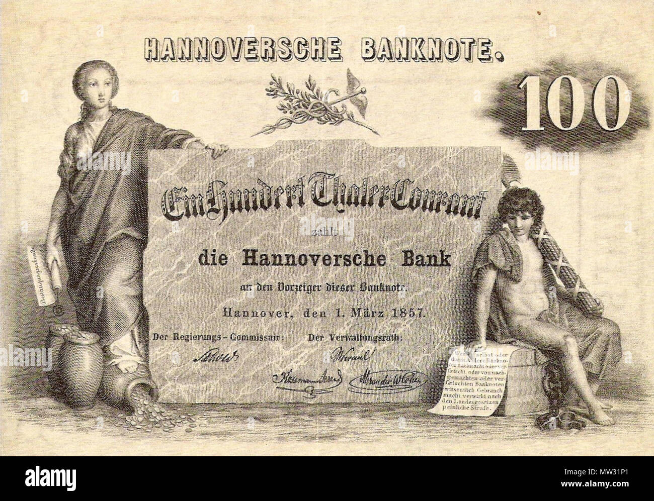 . Inglese: banconota della Banca Hannoversche. 100 Taler da 1857 Deutsch: banconota der Hannoverschen Bank von 1857 über 100 Taler . 1857. Banca Hannoversche 265 Hannoversche Banca 100 Taler 1857 Foto Stock