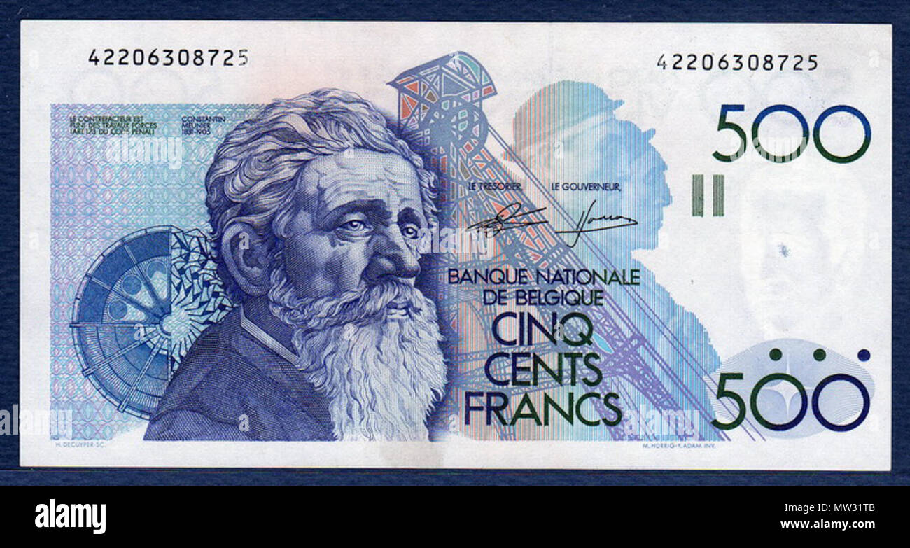 . Inglese: belga banconote 500 franchi banconota del 1982, Constantin Meunier . 4 gennaio 2010, 04:20:58. Banca nazionale del Belgio 79 Belgio banconote 500 franchi banconota del 1982, Constantin Meunier Foto Stock