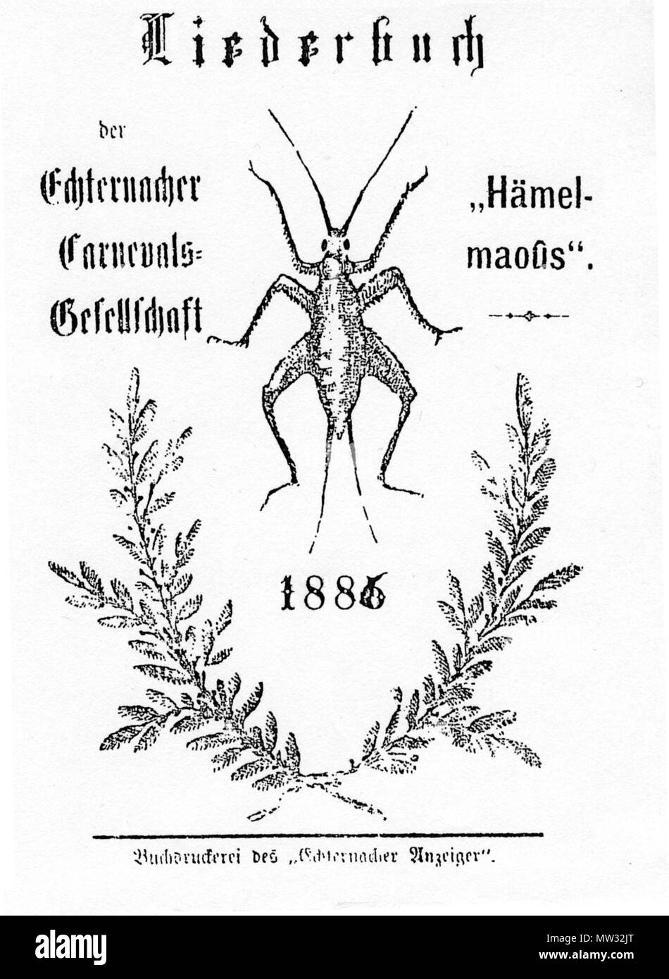 . Lëtzebuergesch: Liederbuch der Echternacher Carnevals-Gesellschaft 'Hämelmaoûs'. Buchdruckerei des 'Echternacher Anzeiger" (Deckel). Il 21 febbraio 2010 (originale data di caricamento). Uploader originale era Jamcelsus a lb.wikipedia 371 Liederbuch 1886 Foto Stock