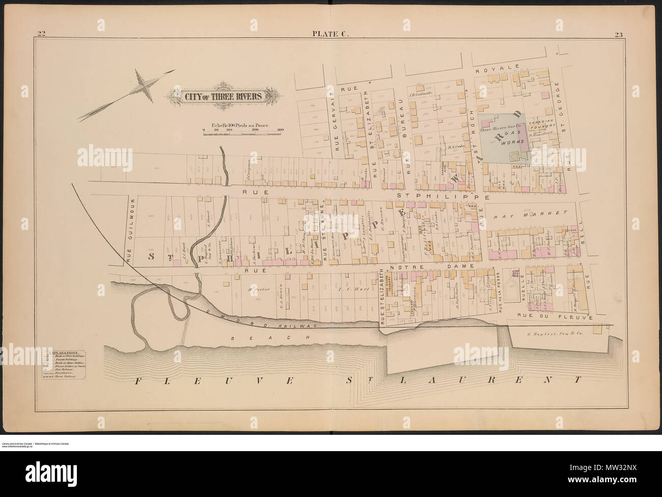 . Inglese: reca un incendio piano assicurativo di tre fiumi (Trois-Rivières), Quebec. Si tratta di "Dai sondaggi effettivo e record' E STATO PRODOTTO 'da e sotto la supervisione di H.W. Hopkins, ingegnere civile." Le pagine sono numerate 6-87. Esso comprende due pagine non numerato: una pagina del titolo e la tabella della pagina cotents. Pagina 6-7 mostra la "Carte de Cite de Trois Rivieres. Comte de St Maurice' mentre la pagina 10 & 11 mostra il 'Comte de San Maurizio, Prov. Quebec". Pagine 14-55 mostra piastre A-K. Pagine alterne sono vuoti. 4 marzo 2010, 09:22:44. Misurazione provinciale Pub. Co. (1879) 81202/77 - R6990-974-5-E-G1146.S24H Foto Stock