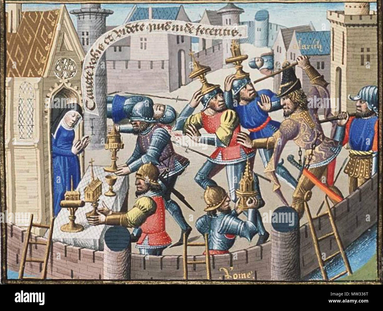 . Inglese: Agostino, La Cité de Dieu (Vol. I). Traduzione dal latino da Raoul de Presles: Il Sacco di Roma di Alarico - vasi sacri sono portati ad una chiesa per la sicurezza (2 di 2 immagini). Luogo di origine, data: Parigi, Maïtre François (illuminatore); c. 1475; 1478-1480 Materiale: Vellum, ff. 467, 440x300 (270x185) mm, 46 linee, littera hybrida, vincolante del xviii secolo in pelle marrone (c. 1769) Decorazione: 11 due-colonna miniature (257/204x190/177 mm); 277 colonna miniature (c. 120x80 mm); 11 illustrazioni nel margine (stemmi); decorate iniziali con decorazione di confine provenienza: realizzato per Foto Stock