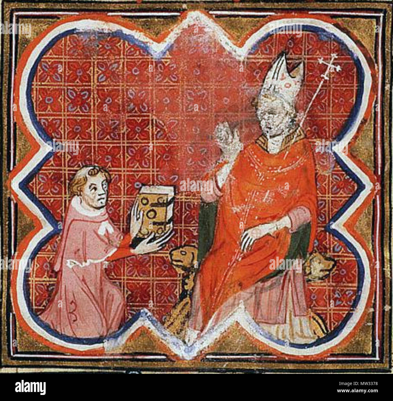 . Inglese: Petrus Comestor presenta il suo libro all Arcivescovo Guillaume di Sens contenuto: Guiard des Moulins, la Bibbia Historiale Complétée Luogo di origine, data: Parigi; c. Materiale 1370-1380: Vellum, ff. 444, 391x272 (281x180) mm, 58 linee, littera textualis, legame: inizio del XIX secolo in pelle rossa; gilt (1814) Decorazione: 2 due-colonna miniature (150/130x180 mm); 26 colonna miniature (75/45x85/80 mm); decorate iniziali con decorazione di confine (ff. 1r, 2r, 2v, 37r, 59r, ecc.); penwork iniziali per tutta la provenienza: presentata nel 1665 da Maria Ignatia Lorena d'Elbeuf (1629-1679), figlia di Charl Foto Stock