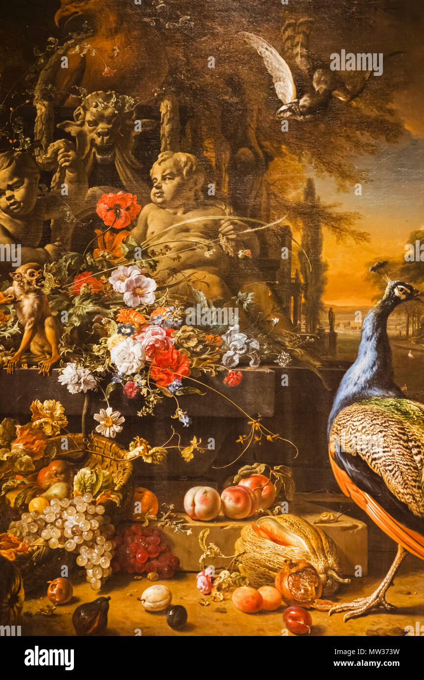 Inghilterra, Londra, Hertford House, The Wallace Collection, la pittura di fiori su una fontana con un pavone da Jan Weenix Foto Stock