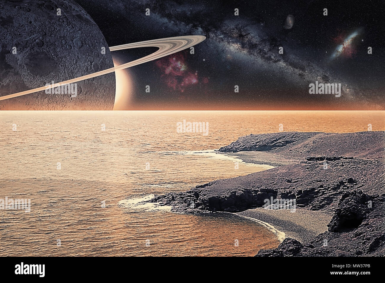 Pianeta alieno con la luna, fantasy pianeta da qualche parte nell'universo Foto Stock