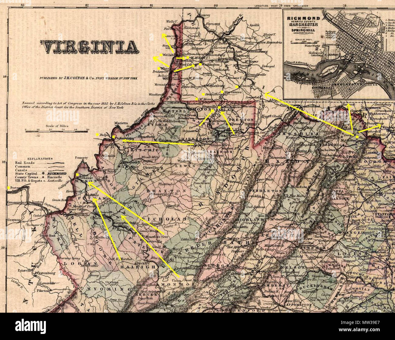 . Inglese: percorsi per fughe di schiavi attraverso western (West Virginia) sulla ferrovia sotterranea, informazioni derivate da William J. Switala 'Underground Railroad in Delaware, Marylonad e West Virginia', Stackpole Books, 2004, pagine 108, 116-125. 1855. Proprio lavoro sulla mappa PD 654 WVUndergroundRR Foto Stock