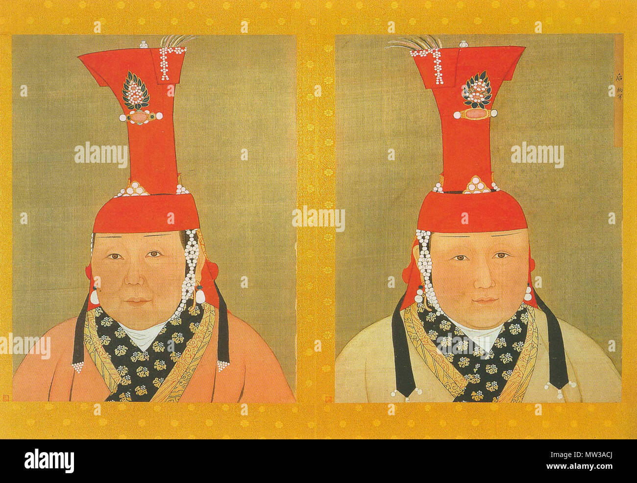 . Imperial consorte Nahan (marito non indicato) (a destra) e un unnamed consorte (sinistra). Vernice e inchiostro su seta. Pagina da un album raffigurante alcune consorti di imperatori Yuan (Yuandai dihou banshenxiang), che ora si trova nel Museo del Palazzo Nazionale di Taipei (inv. nr. zhonghua 000325). La dimensione originale è di 114,7 cm di larghezza e 76 cm di alta. Per i ritratti tagliate fuori, vedi immagine:YuanEmpressAlbumNahan.jpg e Immagine:YuanEmpressAlbumUnnamedEmpressI.jpg. Xiv secolo. sconosciuto / (della riproduzione) il National Palace Museum di Taipei 658 YuanEmpressAlbumNahanAndUnnamedEmpressI Foto Stock