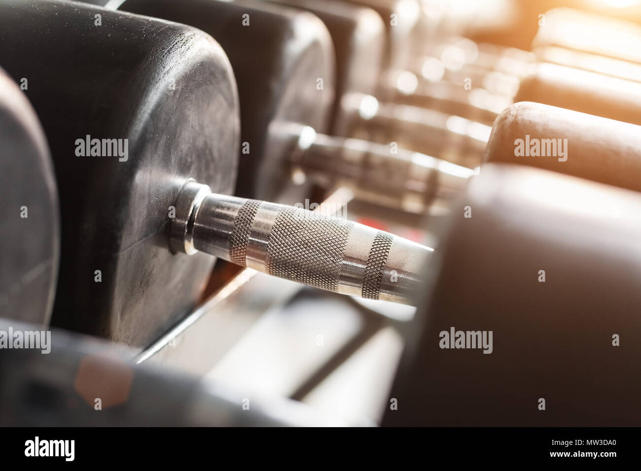 Le righe dei pesi nella palestra Foto Stock
