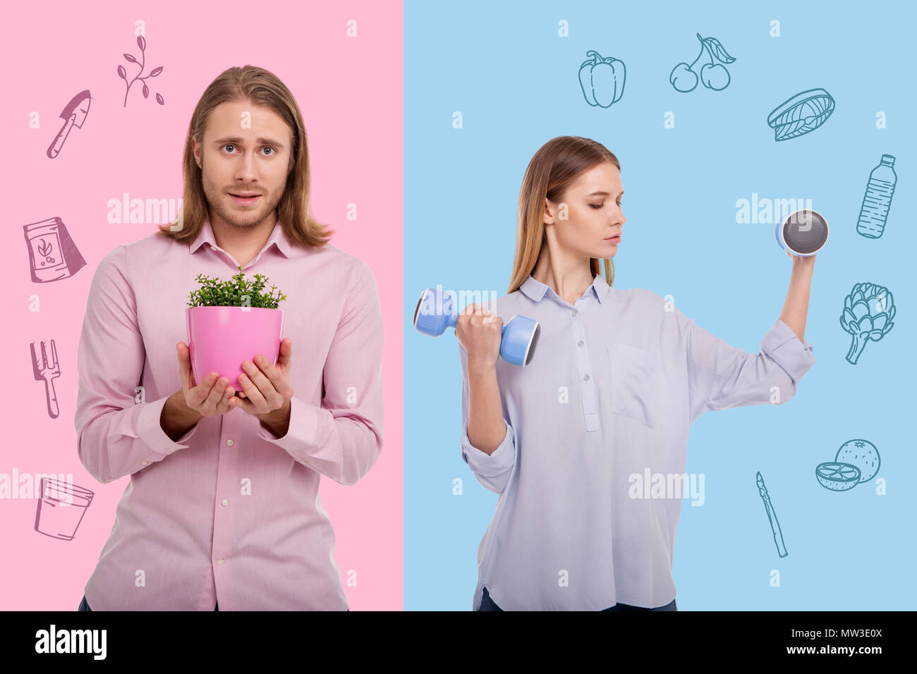 Donna forte contenimento dei pesi a mano e il suo fidanzato la coltivazione di piante Foto Stock