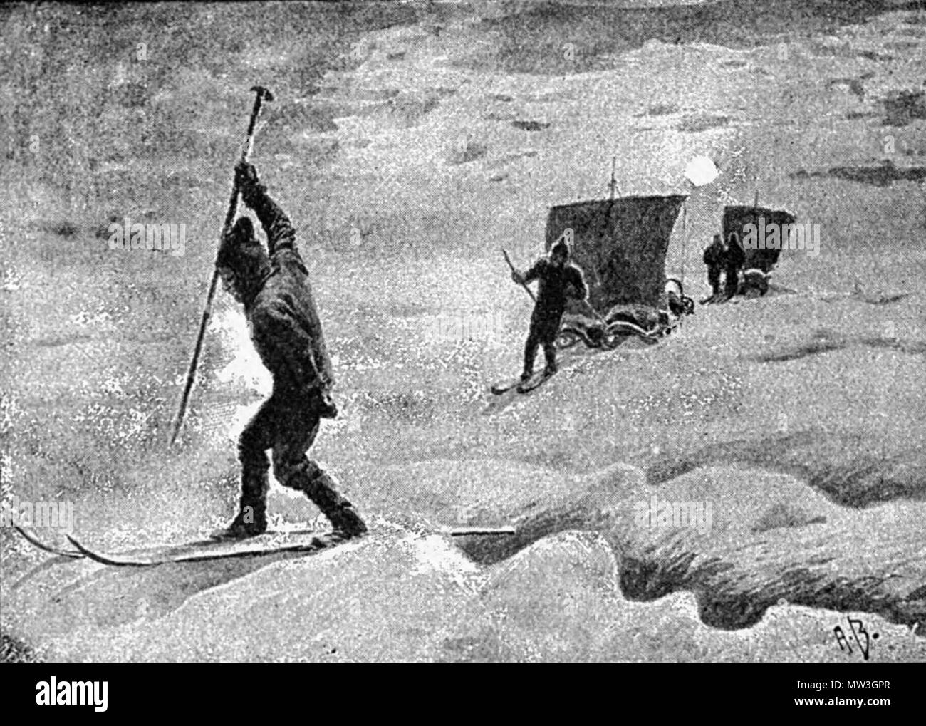 . Русский: Участники гренландской экспедиции Нансена во время ночного марша. 1890. A. Bloch, da uno schizzo di Fridtjof Nansen 536 vela al chiaro di luna Foto Stock