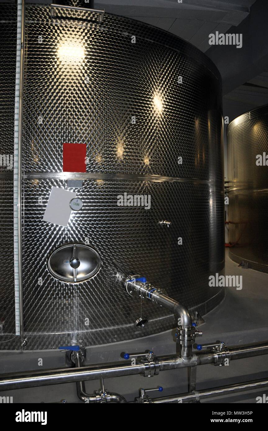 Fermentatore grandi serbatoi di acciaio, il vino moderno equipaggiamento di fabbrica, vista frontale Foto Stock
