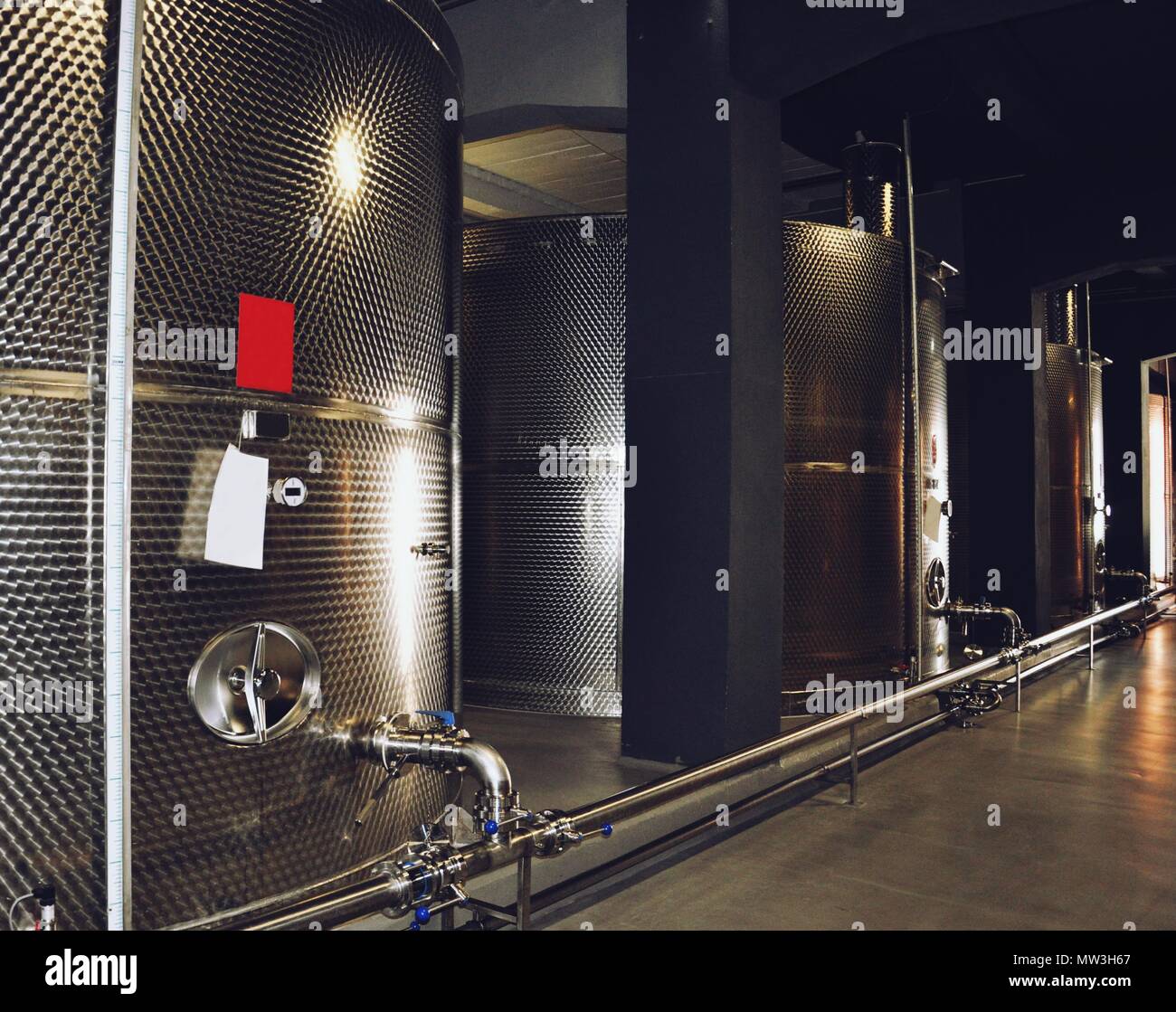 Grandi fermentatori acciaio serbatoi stand in una fila, vino moderno equipaggiamento di fabbrica Foto Stock