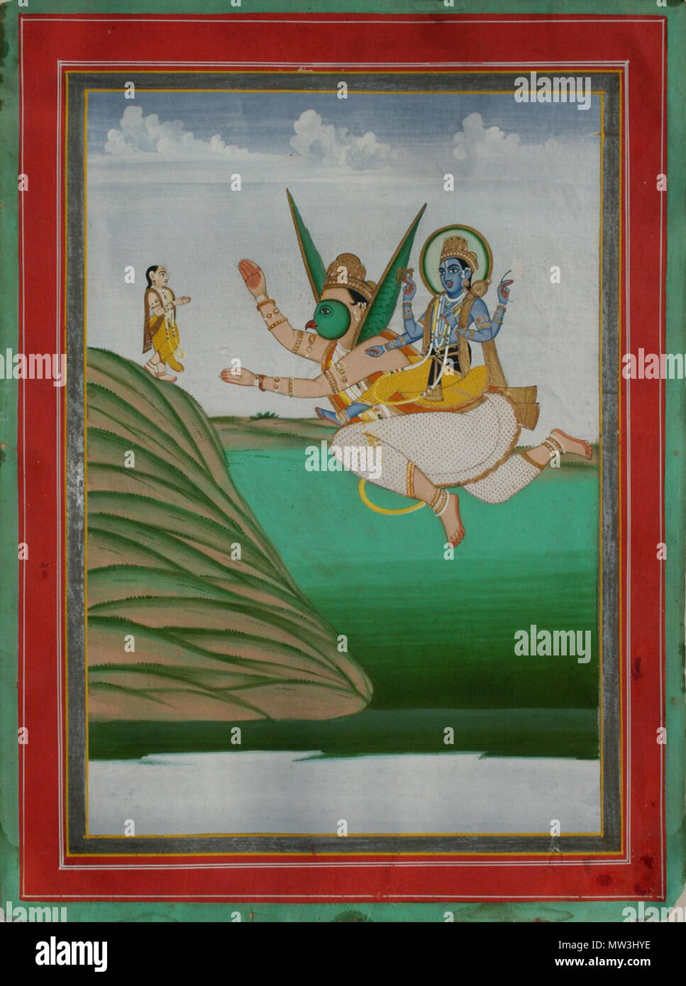 . La sage Narada offrendo rispetto a Vishnu su Garuda. Bikaner nel modo di Jaipur, seconda metà del XIX secolo. Acquerello opaco con oro su wasli. Folio 39,2 x 29.1cm; l'immagine 31,5 x 22cm pubblicato: "La scuola di Bikaner; Usta artigiani e il loro patrimonio", Shanane Davis, 2008, la piastra 185 Ref: Bikaner-Jaipur Narada 28511 . seconda metà XIX secolo. 599 sconosciuto il sage Narada offrendo rispetto a Vishnu su Garuda Foto Stock