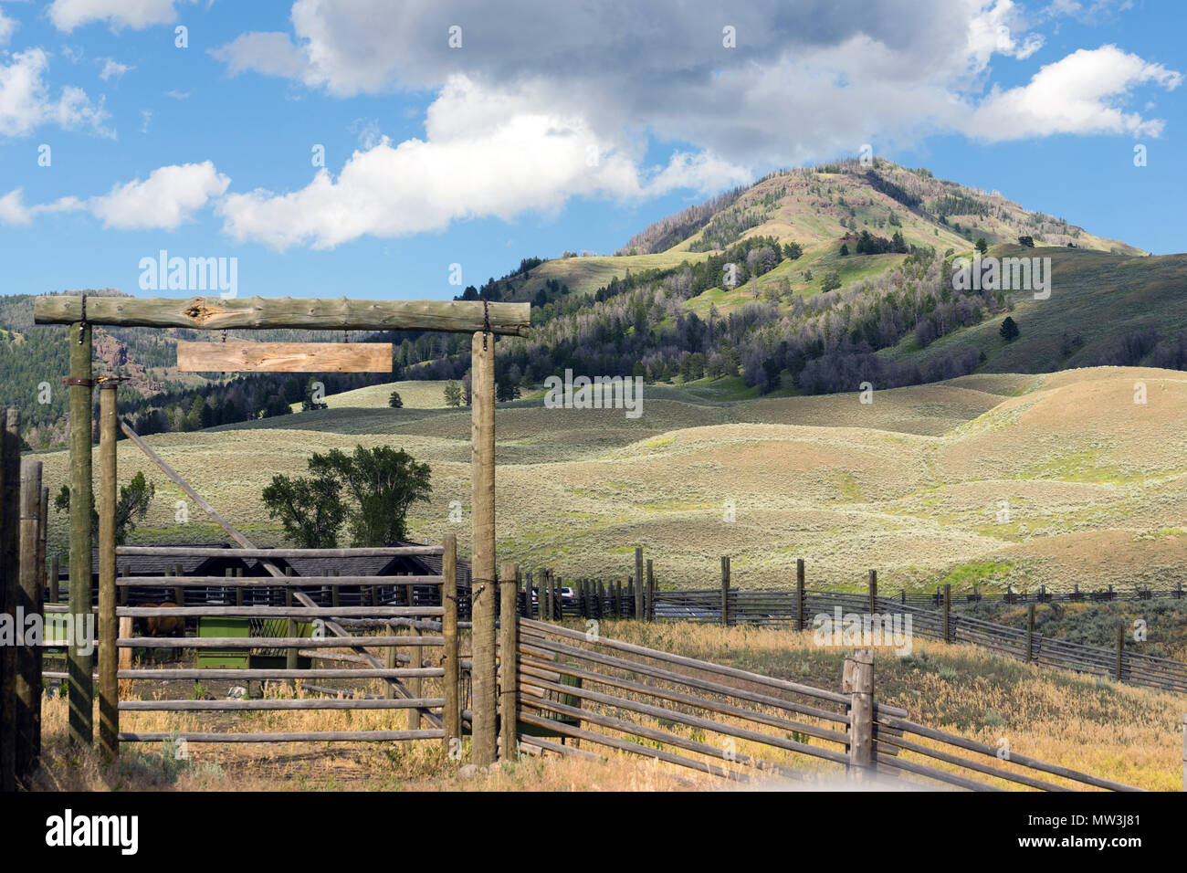 Un recinto di bestiame e il cancello di ingresso ad una di lavoro western ranch Foto Stock