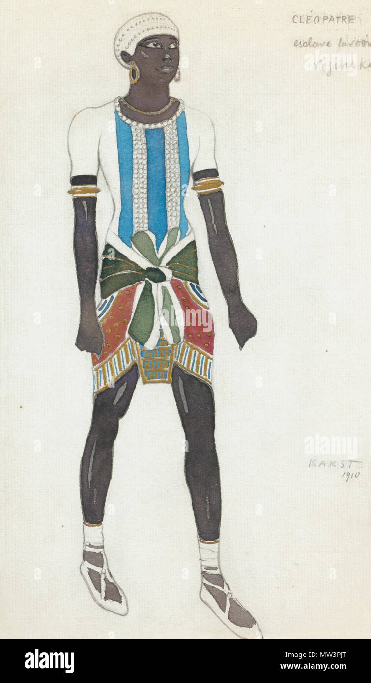 . Léon Bakst 1866 - 1924 COSTUME DESIGN PER NIJINSKY COME SLAVE IN CLEOPATRA firmato in latino e datata 1910 l.r.; inoltre inscritto Cléopatre, esclave favori Nijinsky t.r. acquarello e tempera su matita accresciuta con oro su carta 27 da 16,5 cm, 10 3/4 da 6 1/2 in. circa 1909. LEON BAKST 133 Ballet Cleopatra da Bakst 14 Foto Stock