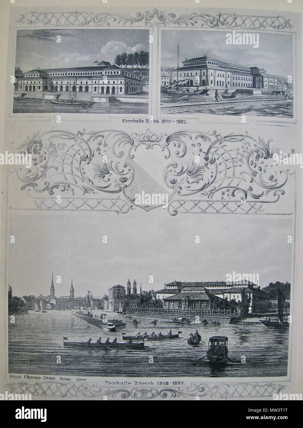 346 Kornhalle Zürich, 1840-1867 Konzertsaal auf dem heutigen Sechseläuten-Platz (oben); die dortige "Alte Tonhalle", 1868-1895 (unten) Foto Stock