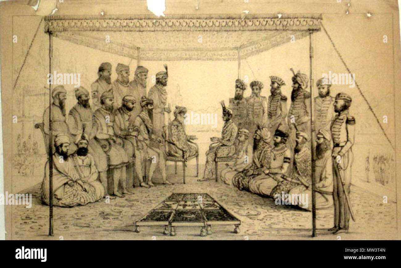 . Inglese: "La Corte di Ranjit Singh' (compresi i suoi mercenari francesi), una incisione da 1840's (?) . 1840. Sconosciuto incisione 1901840s Foto Stock