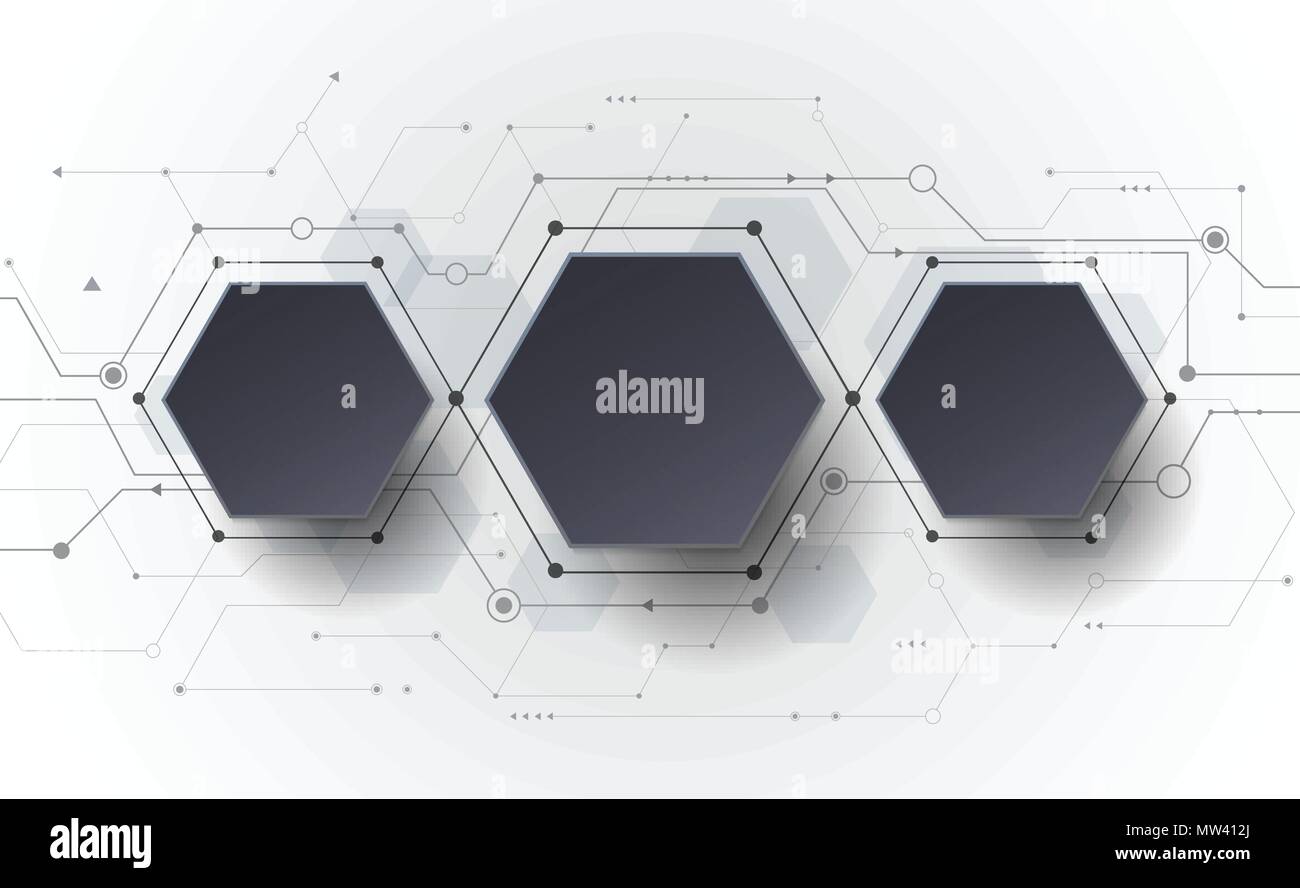 Vettore futuristico astratta scheda di circuito su sfondo grigio chiaro, hi-tech la tecnologia digitale concetto. Nero Bianco 3d carta etichetta poligono con spazio f Illustrazione Vettoriale