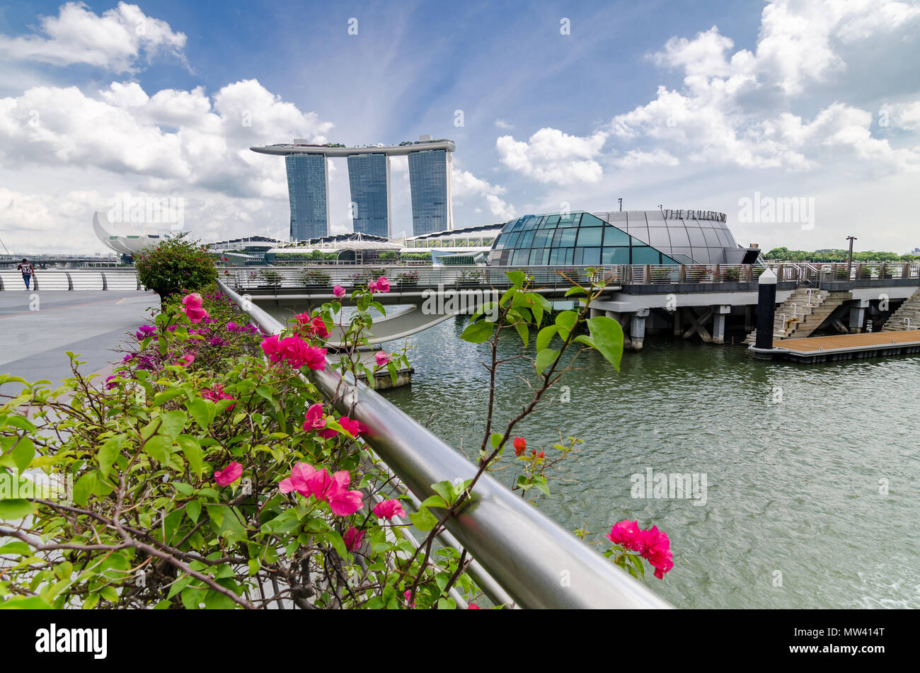 Bella mattina di Marina Bay a Singapore il distretto centrale degli affari in background, una delle più belle città del mondo. Foto Stock