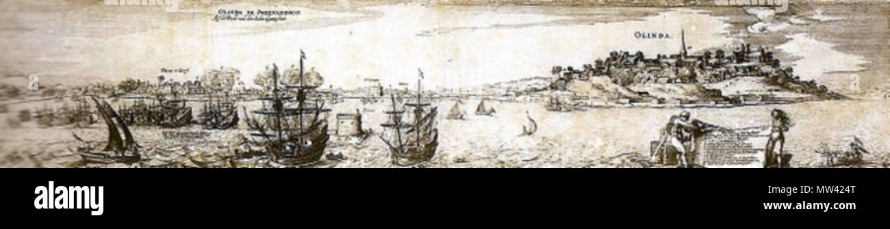 . Português: Panorama do Recife e Olinda de. Gravura, c. 1630. 12,5 x 64 cm. Vista topográfica assinalada por Claes Van Visscher. circa 1630. Claes Van Visscher 465 Panorama do Recife e Olinda, c. 1630 Foto Stock