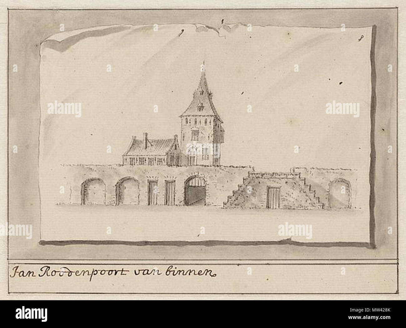 . Nederlands: Tekening van de Jan Rodenpoortstoren te Amsterdam . tra 1715 e 1736. .Ssa Antonina Houbraken (1686-1736) 308 Jan Rodenpoortstoren porta Amsterdam.ssa Antonina Houbraken Foto Stock