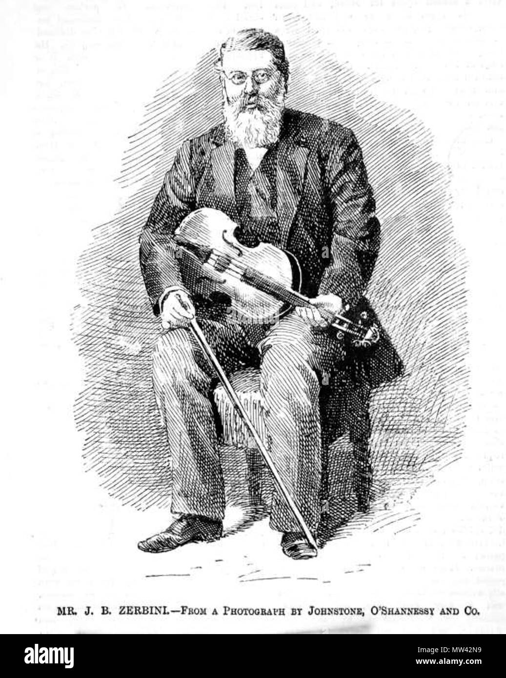 . Inglese: British violinista e suonatore di viola di origine italiana Giovanni Battista Zerbini (1839-1891) . tra il 1885 e il 1891. ignoto intagliatore, dopo la fotografia di Johnstone, O'Shannessy e Co. 311 JBZerbini Foto Stock