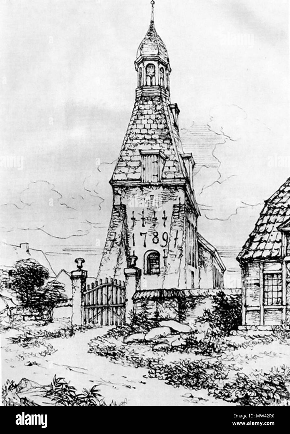 . Inglese: Disegno a inchiostro a partire dall'anno 1817 della chiesa di Lehe (oggi Bremerhaven) da George Ernest Papendiek (1788-1835). Deutsch: Federzeichnung der Kirche in Lehe (heute Bremerhaven) von George Ernest Papendiek (1788-1835) aus dem Jahr 1817. Il 27 agosto 2010. George Ernest Papendieck 340 Kirche in Lehe - George Ernest Papendiek - 1817 Foto Stock