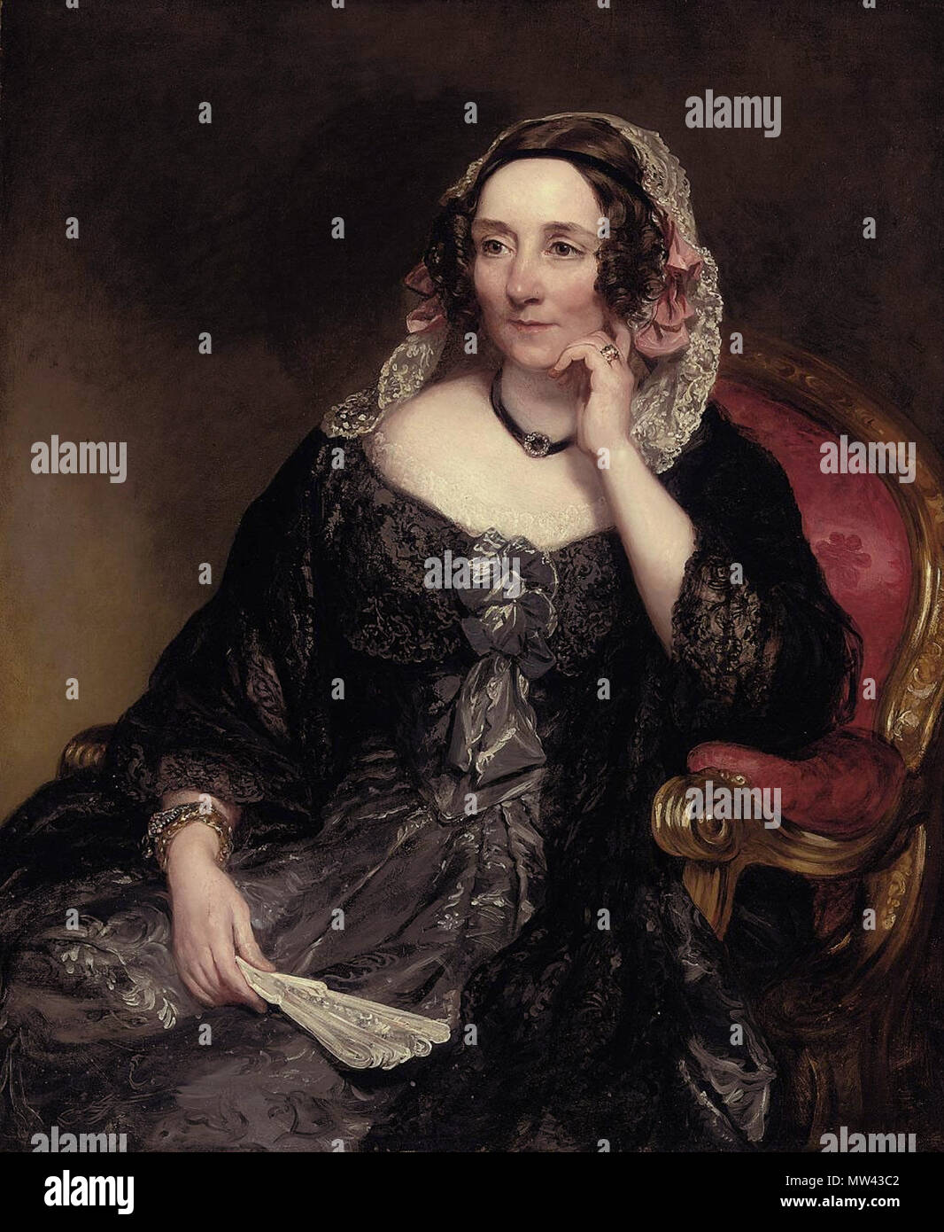 . Inglese: Ritratto di Selina, Lady Fitzwygram, née Hayes, seduto in poltrona, in un vestito blu con un pizzo nero scialle in pizzo e copricapo, tenendo una ventola olio su tela 99,2 x 81,3 cm . 1850. Sarah Margaret Carpenter (1793-1872 Salisbury Londra) 396 Sarah Margaret Carpenter - Selina, Lady Fitzwygram Foto Stock