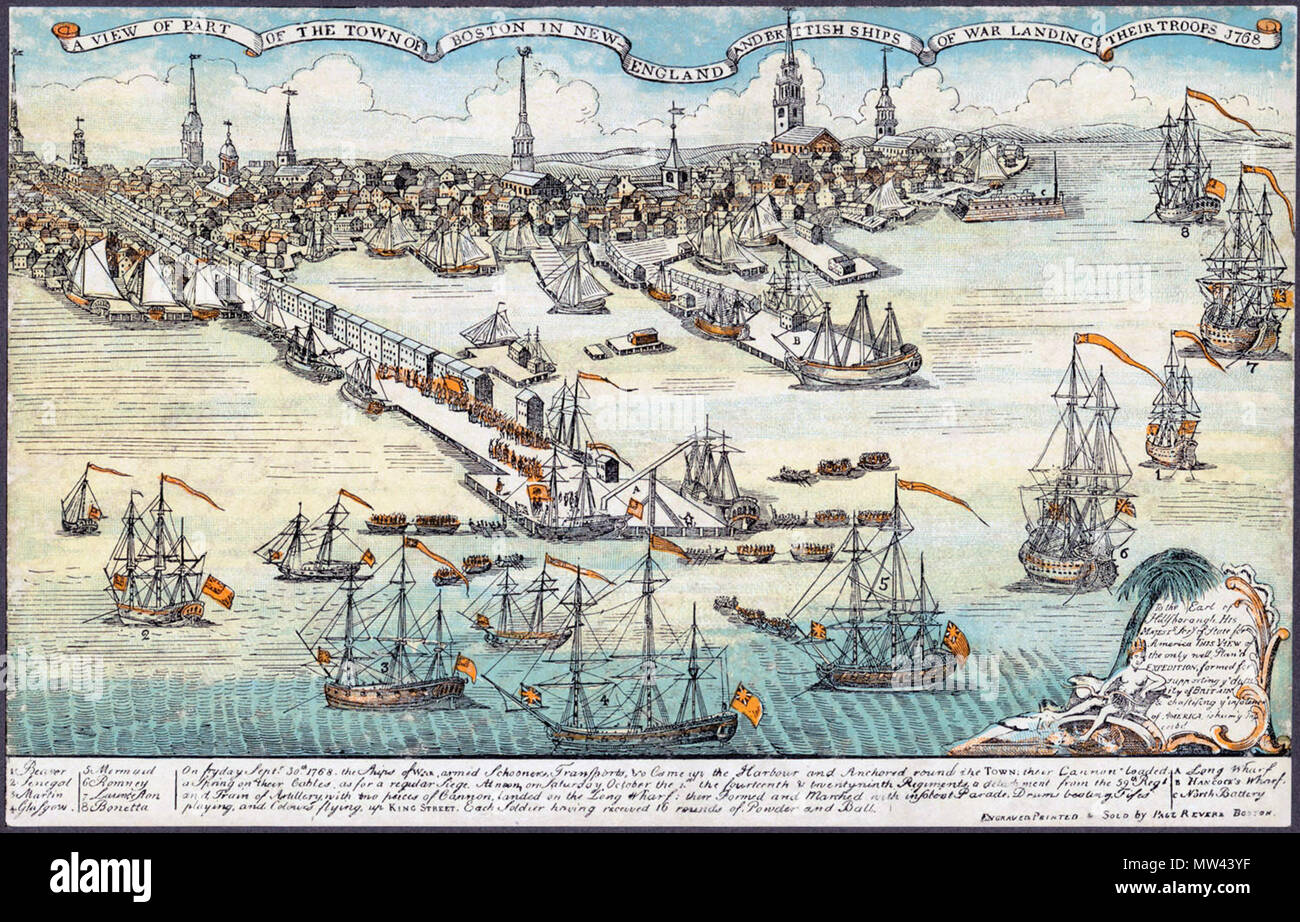 . Una vista della città di Boston nel New England e navi inglesi della guerra lo sbarco delle loro truppe, 1768 . 15 Novembre 2010 03:40 (ora UTC) 93 Boston 1768 modifica Foto Stock