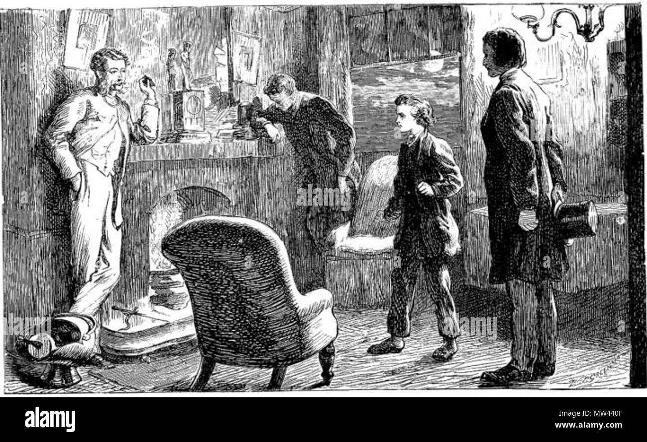 . Inglese: Classe Operaia e medio-alta classe i mondi si scontrano: Charlie Hexam e Bradley Headstone visita Mortimer in legno resinoso e Eugene Wrayburn nelle proprie camere . 17 Novembre 2010 12:05:21. Marcus Stone 212 formante la virtù domestiche Foto Stock