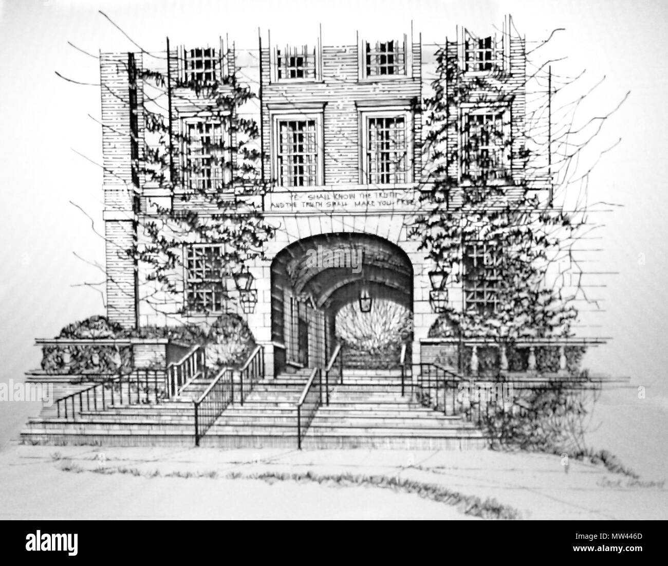 . Inglese: Vecchio sketch di Upham Hall . Miami University 454 Vecchio Upham Foto Stock